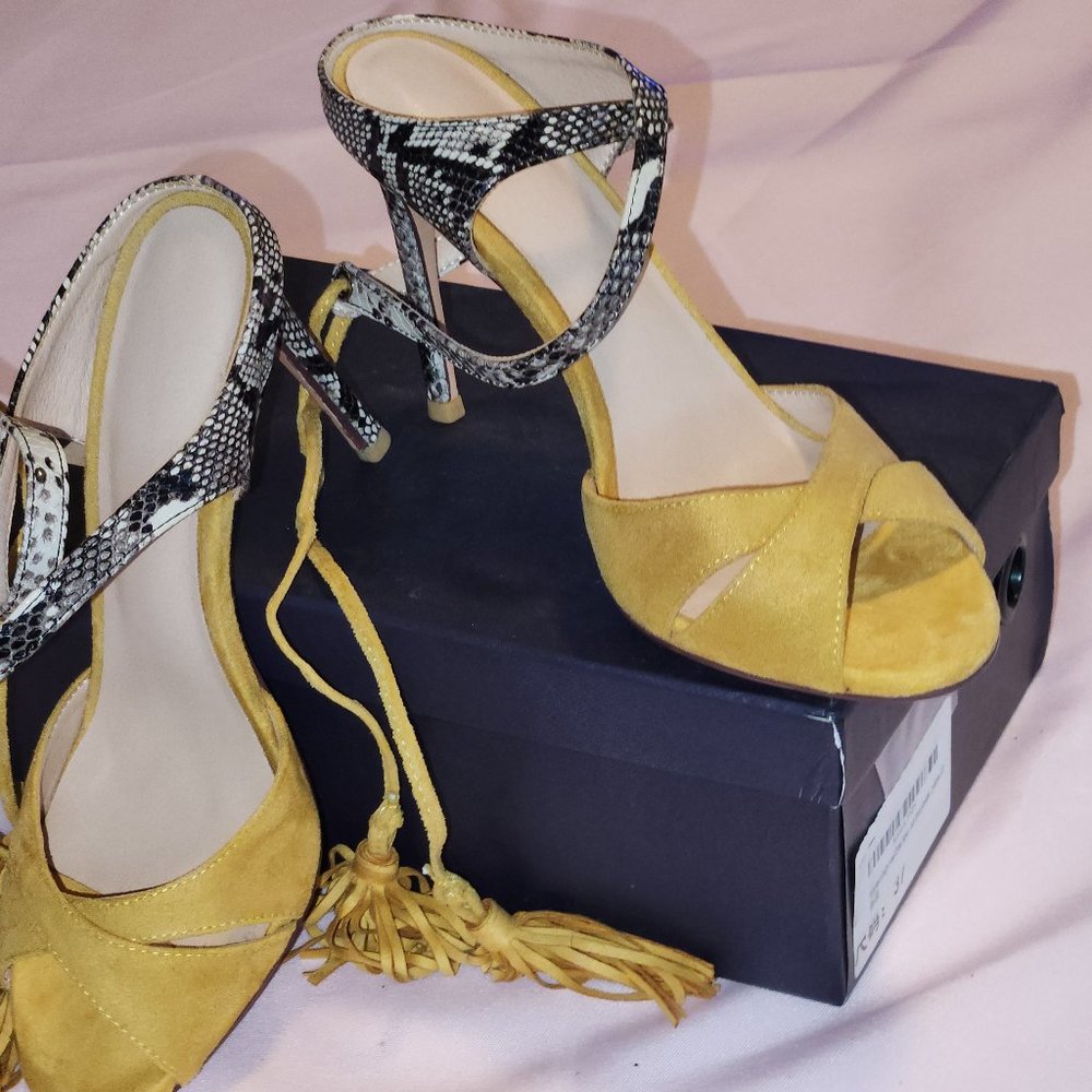 Faux Suede and Snakeskin Heeled Sandal